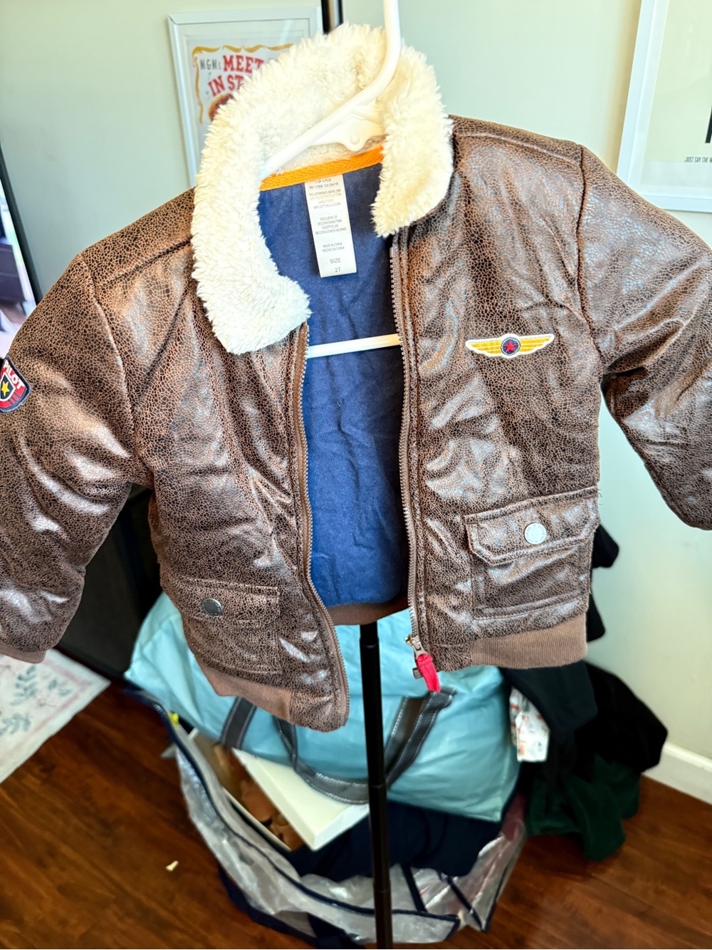 Kids Brown Faux-Leather Aviator Jacket with Sherpa Collar